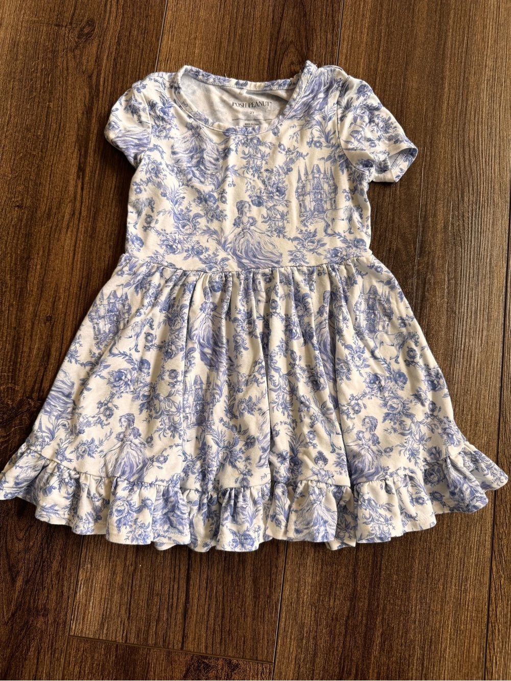 Posh Peanut Girls' Briar Short Sleeve Ruffled Twirl Dress - 2t blue toile
